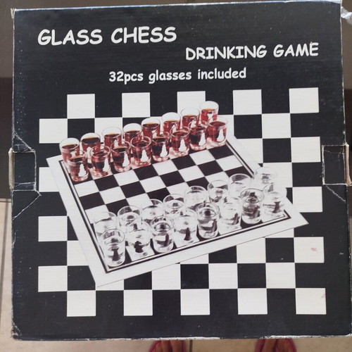 Glass chess drinking game with 32 shot glasses