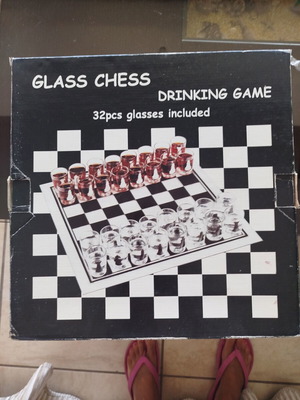 Glass chess drinking game with 32 shot glasses