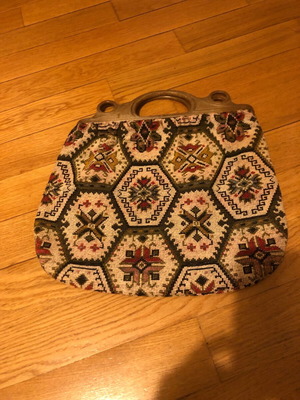 Vintage handmade A To Z Greek handbag used, beige and green