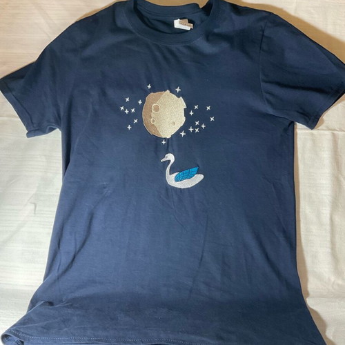 Blue blouse size S with moonlight swan print and embroidery, new