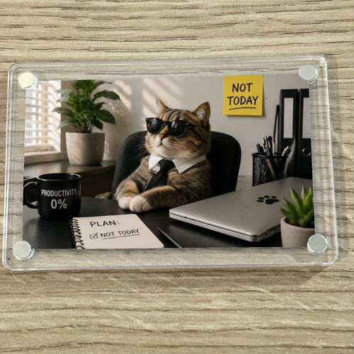 Ακρυλικό Μαγνητάκι ψυγείου Productivity 0 Cat Office Meme καινούργιο