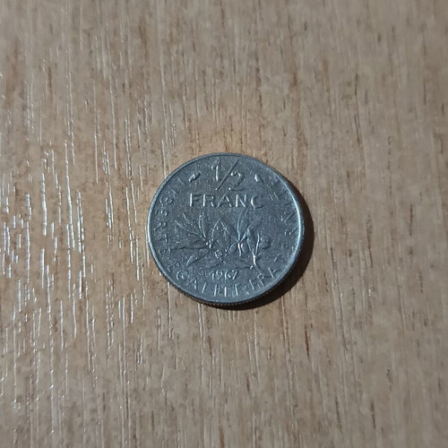 Collectible 1/2 Franc France coin 1967 used, La Semeuse design