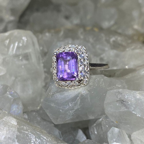 Silver ring with natural amethyst cut stone and moissanite, new