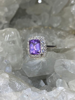 Silver ring with natural amethyst cut stone and moissanite, new