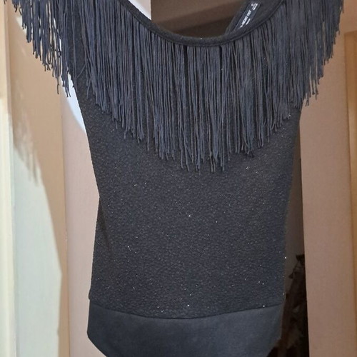 Bershka bodysuit small black shiny with fringes like new
