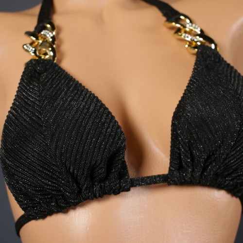 Black glitter two-piece bikini with gold rings and stones new