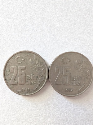 Turkish 25,000 Lira coins used, 1997 and 1998