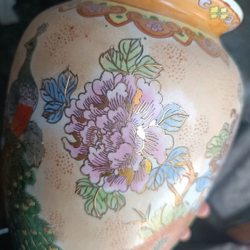 Handmade porcelain vase with peacocks vintage decoration
