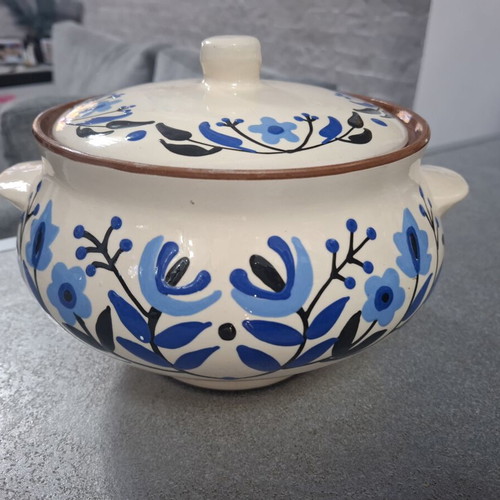 Handmade ceramic soup pot with lid blue floral design like new