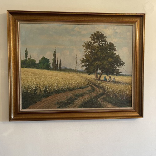 Oil painting on canvas by G. Andrikopoulos like new, traditional Greek harvest