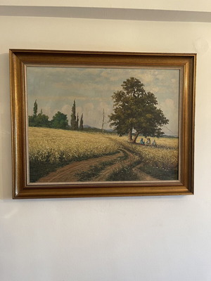Oil painting on canvas by G. Andrikopoulos like new, traditional Greek harvest