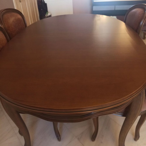 Dining table set with 4 leather chairs and 2 armchairs, beech wood