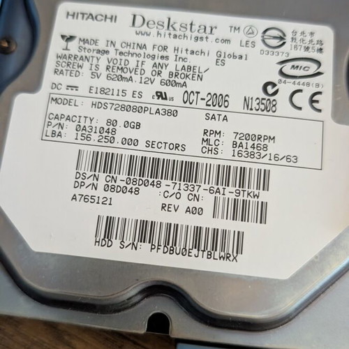 Hitachi Deskstar HDS728080PLA380 hard drive used 80GB SATA 7200RPM