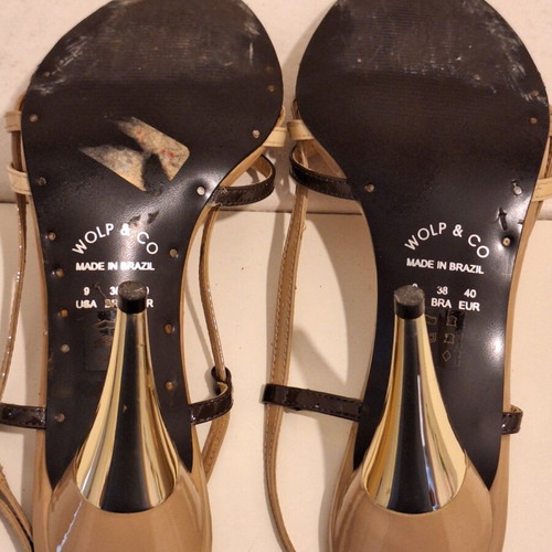 WOLP & CO. women's sandals with beige and brown straps, like new, gold heel
