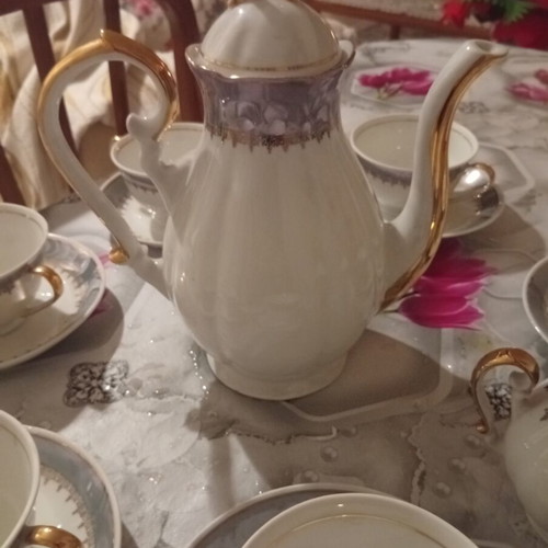 Porcelain vintage luxury tea set, 8 pieces, white and light blue