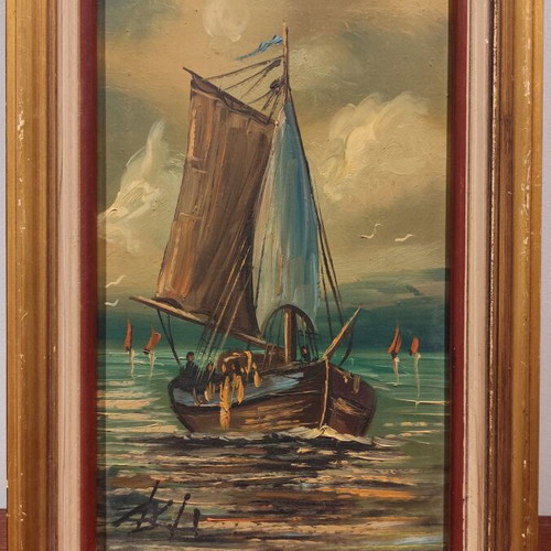 Seascape with Sailing Kaiki Used Oil Painting