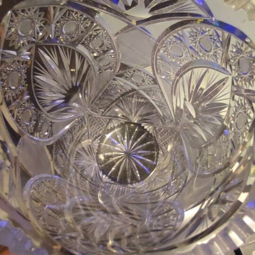 Crystal vase handmade vintage French, engraved with diamond