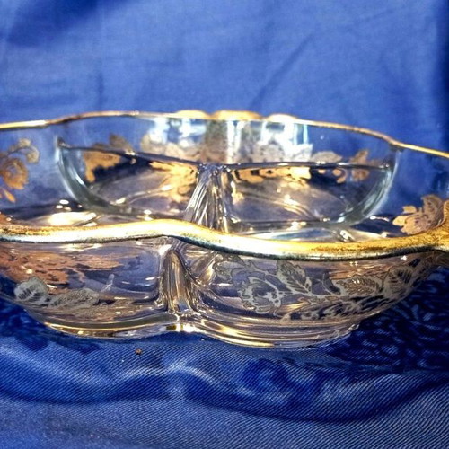 Vintage glass divided serving dish 20 cm with silver decoration like new