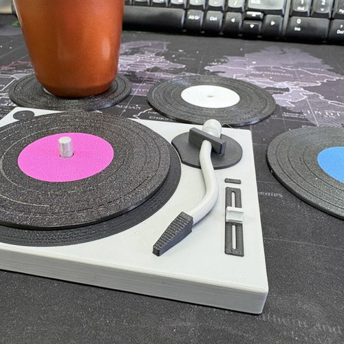 3D Printed Vinyl Turntable Coaster Holder with 4 Coasters, New