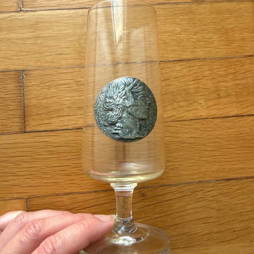 Drink glass with coin like new, collectible crystal stemmed