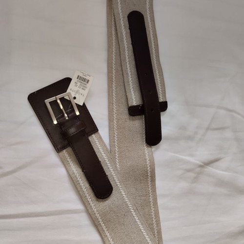 Real leather belt with linen fabric new, beige and brown