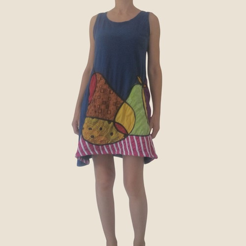 Boho cotton dress used, blue with colorful patchwork, S-M