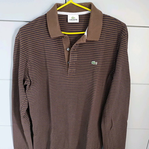 Lacoste long-sleeve polo shirt size L like new, slim fit, blue and brown