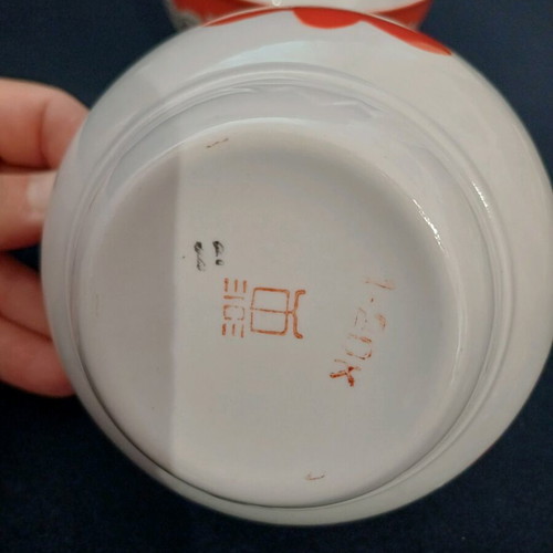 Porcelain bowls set new, vintage from USSR, red-white design