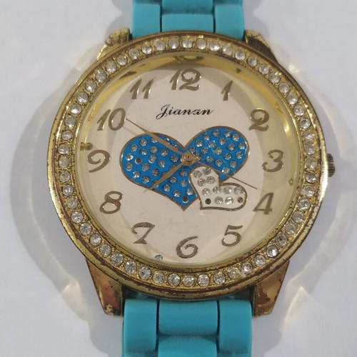Youthful women's watch with rhinestones used, blue TPU strap