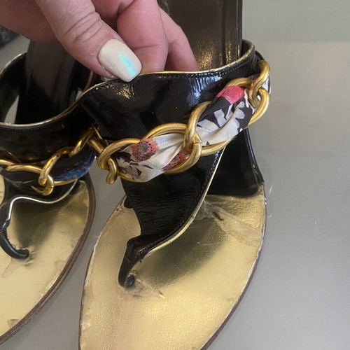 Rollini patent leather sandals with gold chain details, like new