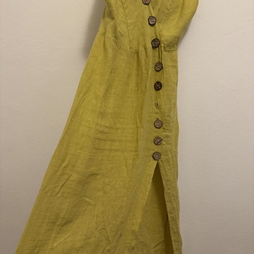 Yellow linen Italian dress midi with slit and wooden buttons, like new