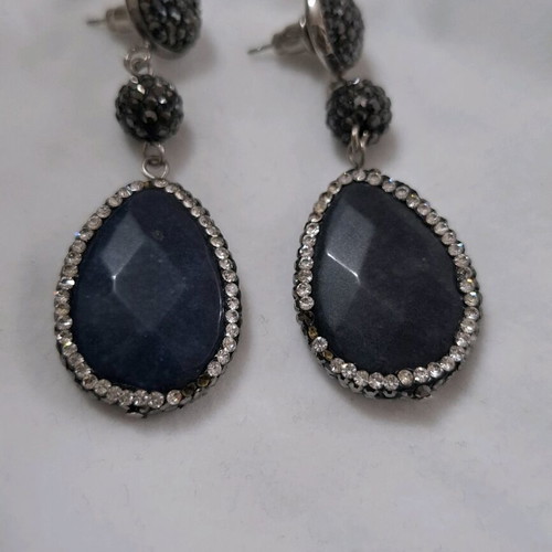 Handmade teardrop earrings with blue stone and rhinestones like new