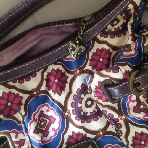 Kathy Van Zeeland vintage handbag, multicolor fabric with metal details