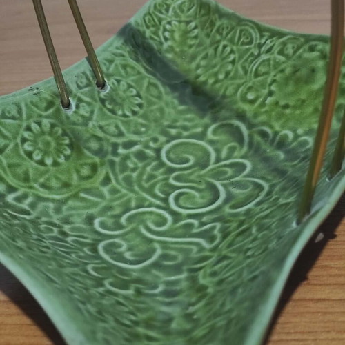 Vintage ceramic fondant dish used, olive green color