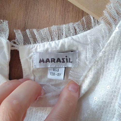 Marasil girls' dress like new, white with sequins and tulle details, size 8