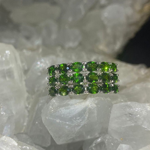 Silver ring with natural diopside and 18K gold plating, adjustable