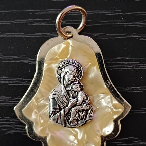 Vintage Orthodox Panagia Vrefokratousa pendant with mother of pearl effect