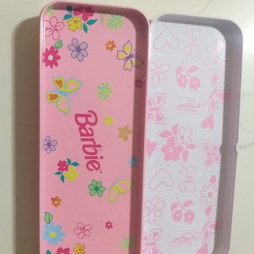 Barbie 1994 metal pencil case used vintage with notepad and pencil