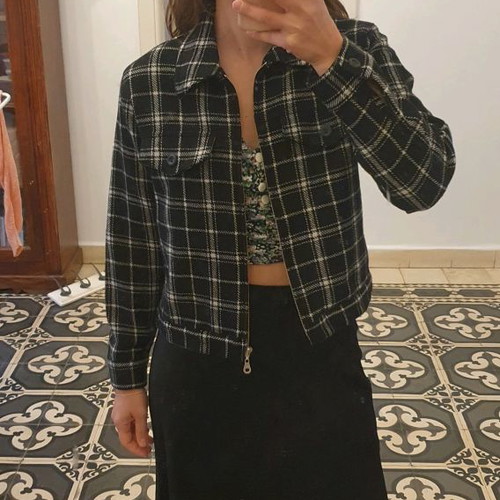 Vintage 90s Black Check Wool Jacket XS Used