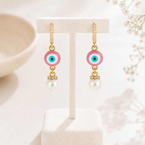Handmade Evil Eye Earrings with Pink Enamel and Pearls, new