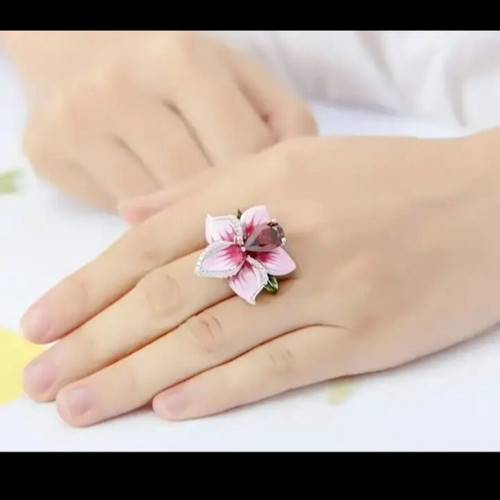 Pink enamel ring with synthetic zirconia