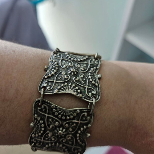 Ethnic boho carved silver bracelet