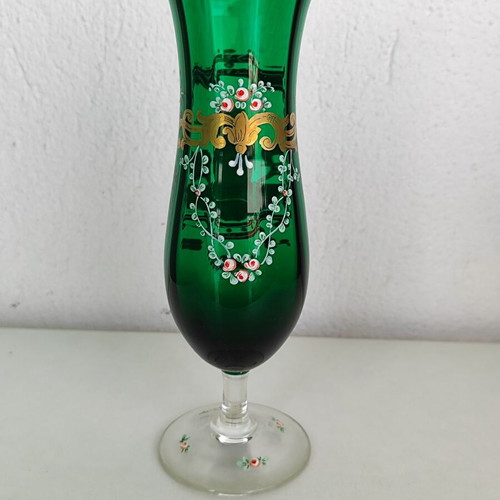 Vintage Murano vase emerald glass with handmade painting and 24K gold like new
