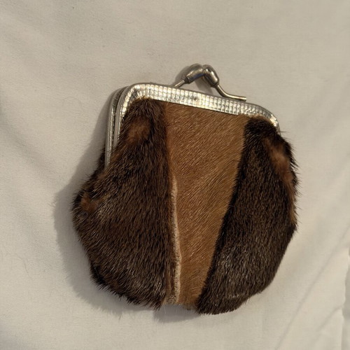Vintage leather wallet used, natural leather and fur, brown