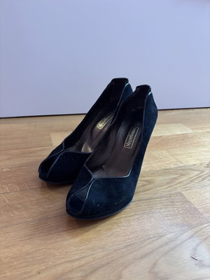 Tsesmelis black suede peep toe heels, size 39