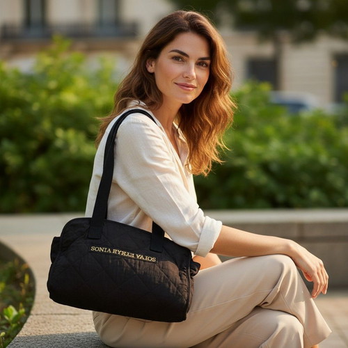 Sonia Rykiel Black Quilted Nylon Shoulder Duffle Bag used