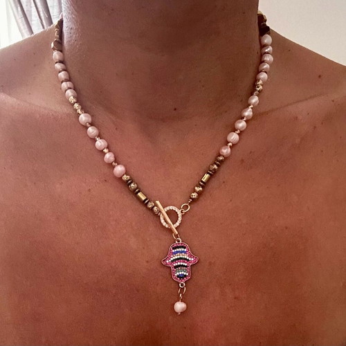 Handmade necklace with pink pearls and gold hematite new