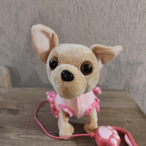 Plush dog with leash and sound used