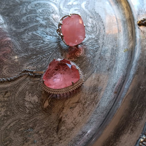 Pendant and ring set with large pink quartz stones new