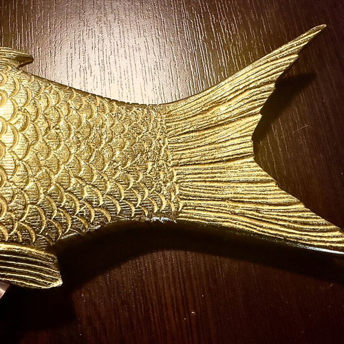 Oval stainless steel serving platter fish-shaped with gold details like new